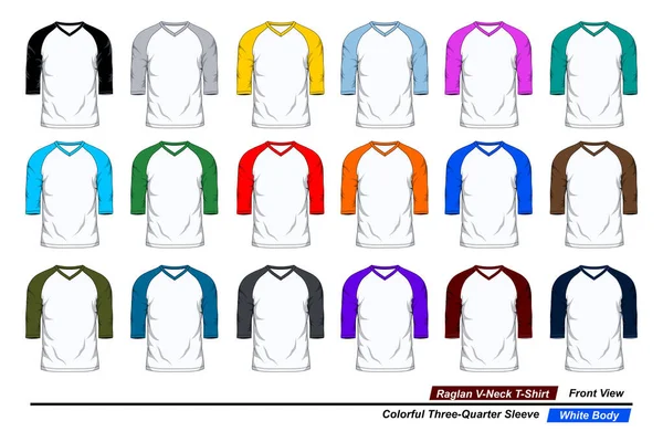 Raglan Ausschnitt Shirt Vorderseite Bunte Dreiviertelärmel Weißer Körper — Stockvektor