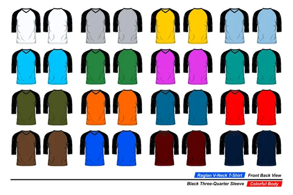 ラグランVネックTシャツ フロントとバックビュー 黒の4分の3スリーブ カラフルなボディ — ストックベクタ