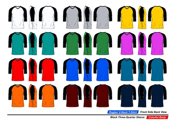 ラグランVネックTシャツ フロント側とバックビュー 黒3四半期スリーブ カラフルなボディ — ストックベクタ