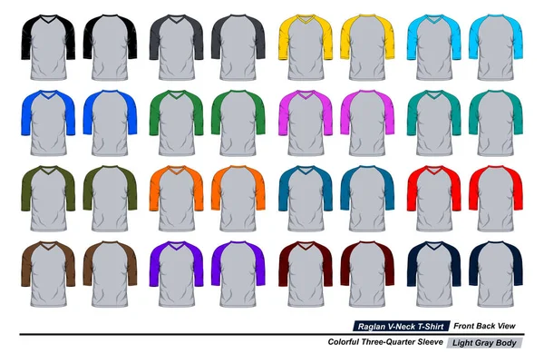 ラグランVネックTシャツ フロントとバックビュー カラフルな3四半期スリーブ ライトグレーボディ — ストックベクタ