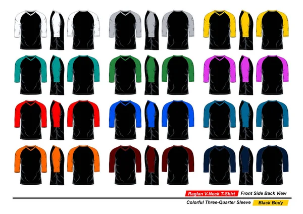 Raglan Ausschnitt Shirt Vorder Und Rückseite Farbenfroher Dreiviertelärmel Schwarzer Körper — Stockvektor