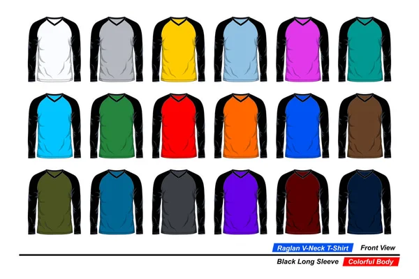 Shirt Col Raglan Vue Face Manches Longues Noires Corps Coloré — Image vectorielle