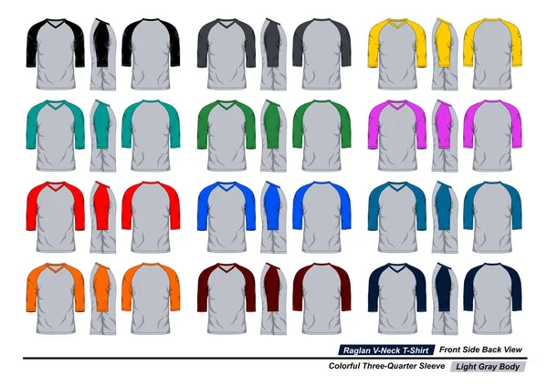 ラグランVネックTシャツ フロント サイドとバックビュー カラフルな3四半期スリーブ ライトグレーボディ — ストックベクタ