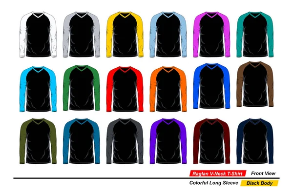 Shirt Col Raglan Vue Face Manches Longues Colorées Corps Noir — Image vectorielle