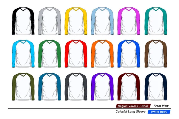 Raglan v yaka tişörtü, ön manzara, renkli uzun kollu, beyaz vücut.