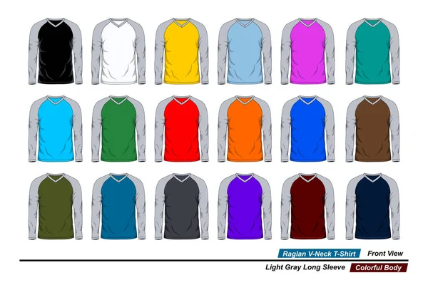 ラグランVネックTシャツ フロントビュー ライトグレーの長袖 カラフルなボディ — ストックベクタ