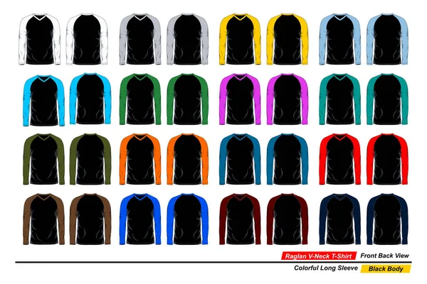 Raglan Neck Shirt Front Back View Colorful Long Sleeve Black — 图库矢量图片