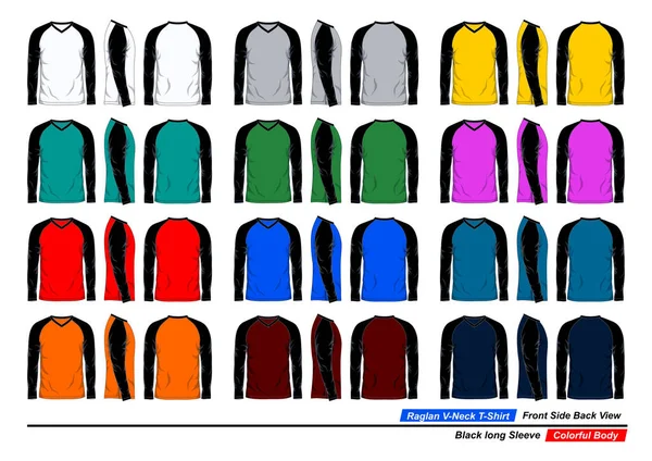 ラグランVネックTシャツ フロント側とバックビュー 黒の長い袖 カラフルなボディ — ストックベクタ