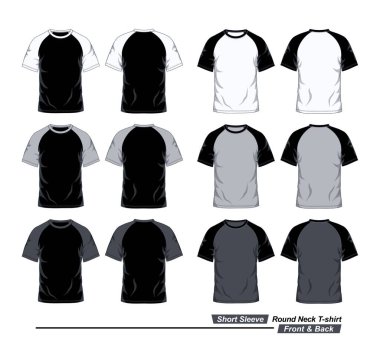 Kısa kollu, yuvarlak boyunlu, raglan tişört şablonu, siyah, beyaz ve gri