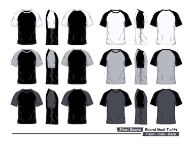 Önden, yandan ve arkadan kısa kollu raglan tişört şablonu, siyah, beyaz ve gri