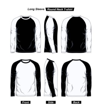 Önden, yandan ve arkadan uzun kollu, yuvarlak bir raglan tişört şablonu, siyah ve beyaz