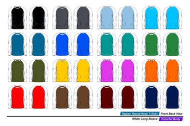 Raglan yuvarlak boyun şablonu, ön ve arka görüş, beyaz uzun kollu, renkli vücut