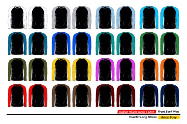 Raglan yuvarlak yaka tişört şablonu, ön ve arka görüş, renkli uzun kollu, siyah vücut