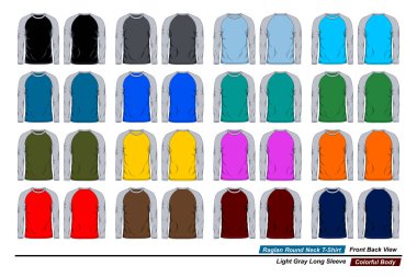 Raglan yuvarlak boyun şablonu, ön ve arka görüş, açık gri uzun kollu, renkli vücut