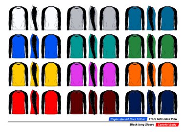 Raglan yuvarlak yaka tişört şablonu, ön ve arka görüş, siyah uzun kollu, renkli vücut