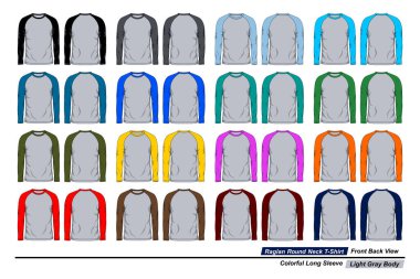 Raglan yuvarlak boyun tişört şablonu, ön ve arka görüş, renkli uzun kol, açık gri vücut