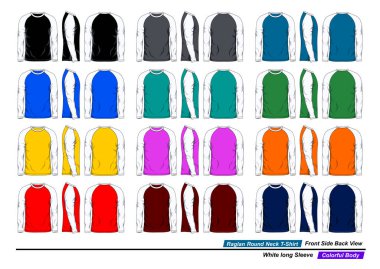 Raglan yuvarlak boyun tişörtü, ön ve arka görüş, beyaz uzun kollu, renkli vücut