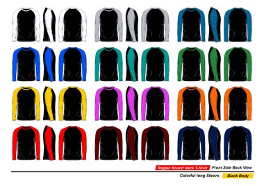 Raglan yuvarlak boyun tişörtü, ön ve arka görüş, renkli uzun kollu, siyah vücut