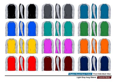 Raglan yuvarlak yaka tişört şablonu, ön ve arka görüş, açık gri uzun kollu, renkli vücut