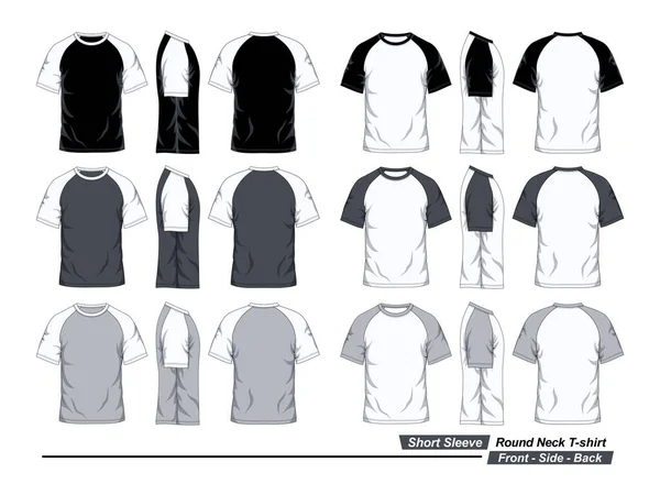 Шаблон Рубашки Коротким Рукавом Вид Спереди Сбоку Сзади Черный Белый — стоковый вектор
