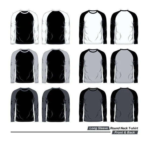 Front Back View Long Sleeve Neck Raglan Shirt Template Black — Stock Vector