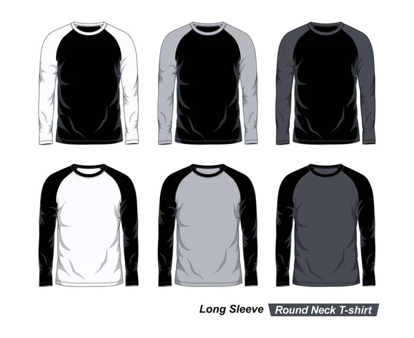 Modèle Shirt Raglan Col Rond Manches Longues Noir Blanc Gris — Image vectorielle