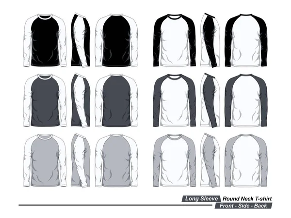 stock vector Long sleeve round neck raglan shirt template, front, side and back view, black, white and gray