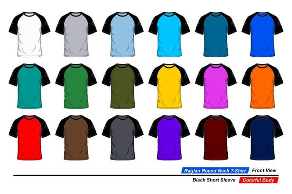 Raglan Rundhals Shirt Vorlage Vorderansicht Schwarzer Kurzarm Farbenfroher Körper — Stockvektor