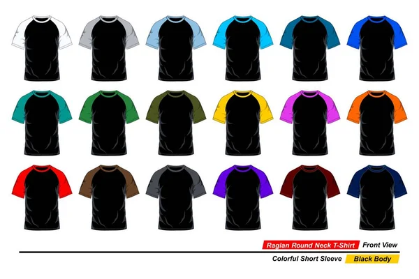 ラグランラウンドネックTシャツテンプレート フロントビュー カラフルな半袖 — ストックベクタ