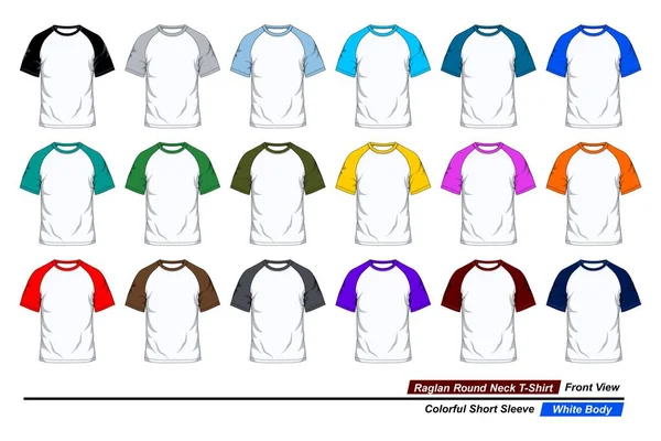 Plantilla Camiseta Cuello Redondo Raglan Vista Frontal Manga Corta Colorida — Vector de stock