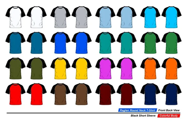 ラグランラウンドネックTシャツテンプレート フロントとバックビュー 黒の半袖 カラフルなボディ — ストックベクタ