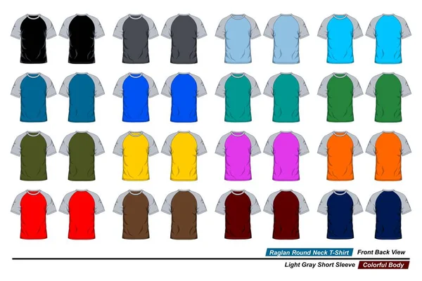 Raglan Rundhals Shirt Vorlage Vorder Und Rückseite Hellgrauer Kurzarm Farbenfroher — Stockvektor