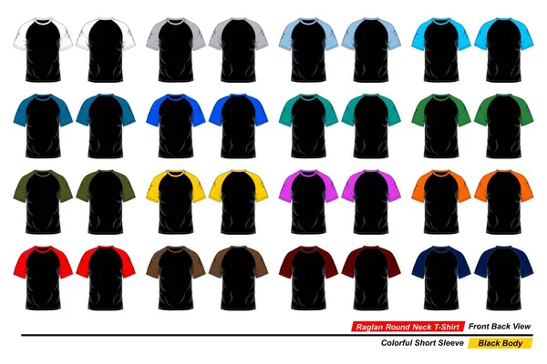 Raglan Neck Shirt Template Front Back View Colorful Short Sleeve — Stockový vektor