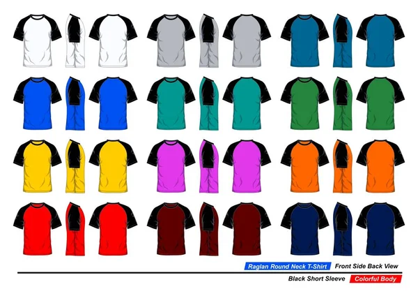 ラグランラウンドネックTシャツテンプレート フロント側とバックビュー 黒の半袖 カラフルなボディ — ストックベクタ
