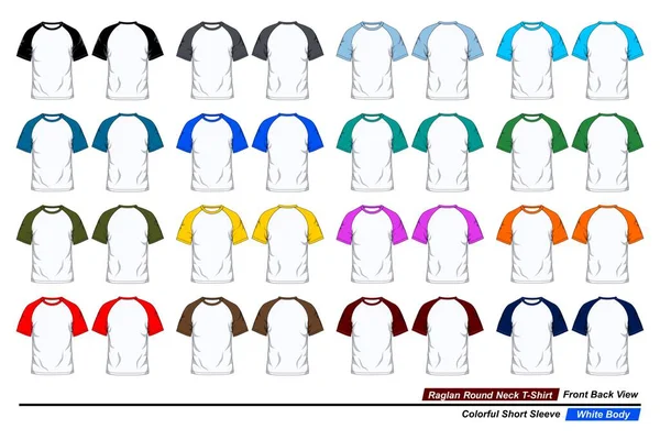 Raglan Ronde Hals Shirt Template Voor Achteraanzicht Kleurrijke Korte Mouw — Stockvector
