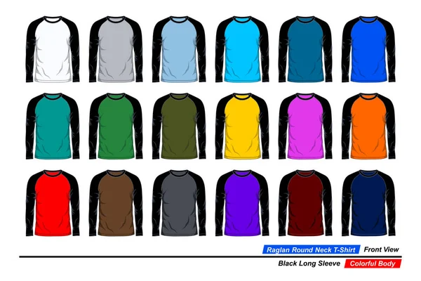 Raglan Yuvarlak Yaka Tişört Şablonu Görüş Siyah Uzun Kollu Renkli — Stok Vektör
