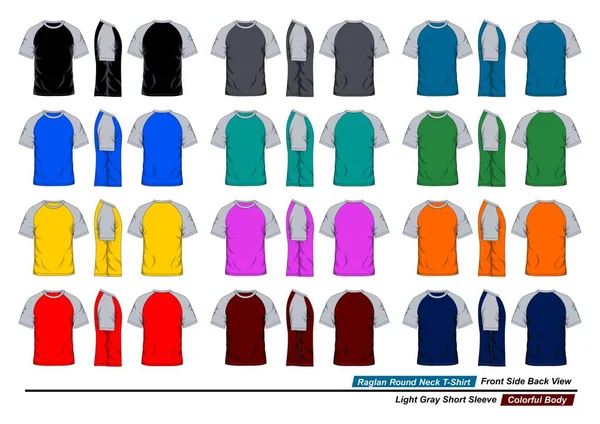 Raglan Ronde Hals Shirt Template Voorkant Achterkant Licht Grijze Korte — Stockvector