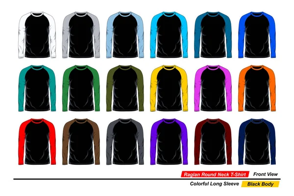 Raglan Rundhals Shirt Vorlage Vorderansicht Farbenfroher Langarm Schwarzer Körper — Stockvektor