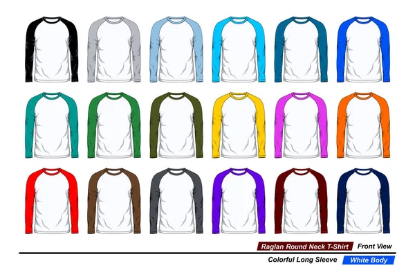 Raglan Στρογγυλό Λαιμό Shirt Μπροστινή Άποψη Πολύχρωμο Μακρύ Μανίκι Λευκό — Διανυσματικό Αρχείο