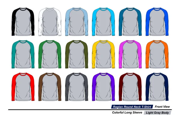 Raglan Στρογγυλό Λαιμό Shirt Πρότυπο Μπροστινή Άποψη Πολύχρωμο Μακρύ Μανίκι — Διανυσματικό Αρχείο