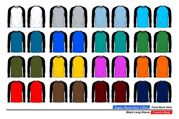 Raglan Στρογγυλό Λαιμό Shirt Πρότυπο Μπροστά Και Πίσω Όψη Μαύρο — Διανυσματικό Αρχείο