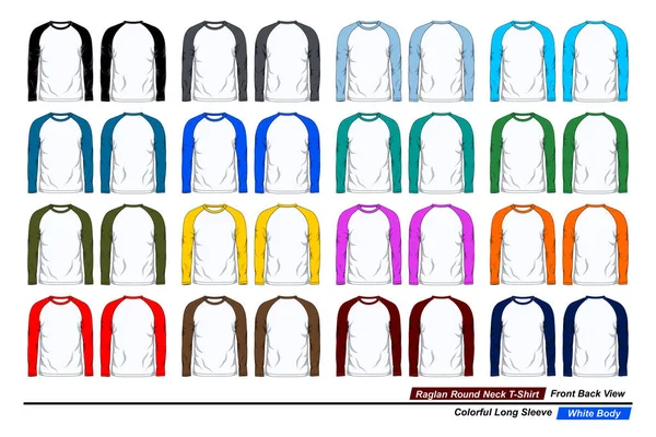 ラグランラウンドネックTシャツテンプレート フロントとバックビュー カラフルな長袖 白い体 — ストックベクタ