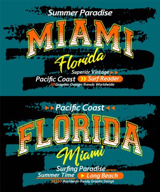 Florida Miami yazı tipi grunge koleji, grafik tasarımı, slogan tişörtü, tipografi, vektör illüstrasyonu, tişört baskısı vs..