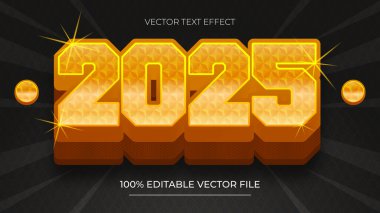 Mutlu yıllar 2025 altın 3D düzenlenebilir metin efekti arkaplanda siyah