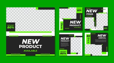 Düzenlenebilir kare pankart seti şablon siyah ve yeşil arkaplan rengi çizgili çizgi şekli sosyal medya postası için uygundur