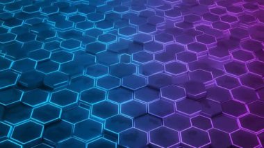 Mavi 'den mor' a pürüzsüz bir değişimle dinamik bir altıgen ızgarası gösteren bir video, görsel olarak çekici soyut bir desen yaratıyor..