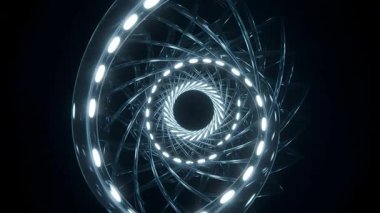 Parlayan ışıkları olan metal yapılardan oluşan sarmal bir tünelin büyüleyici animasyonu fütüristik ve soyut bir görsel deneyim yaratıyor..