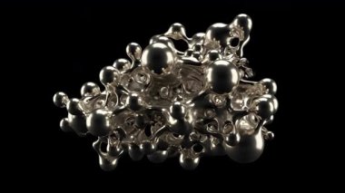 Soyut gümüş metalik damlalar şekil alır ve siyah bir arkaplanda birleşir. Dinamik, akışkan hareket görsel olarak ilginç ve modern bir tasarım elementi yaratır.