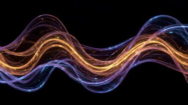 Mavi ve altın tonlarında dinamik ve parlayan dalga biçimlerini içeren soyut bir video, siyah bir arkaplana karşı. Işık çizgileri bir hareket ve enerji hissi yaratır..
