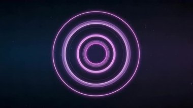 Özmerkezli mor neon halkaların yer aldığı soyut bir video karanlık yıldızlı bir arkaplanda titreşiyor. Halkalar hipnotik ve geleceksel bir etki yaratıyor..
